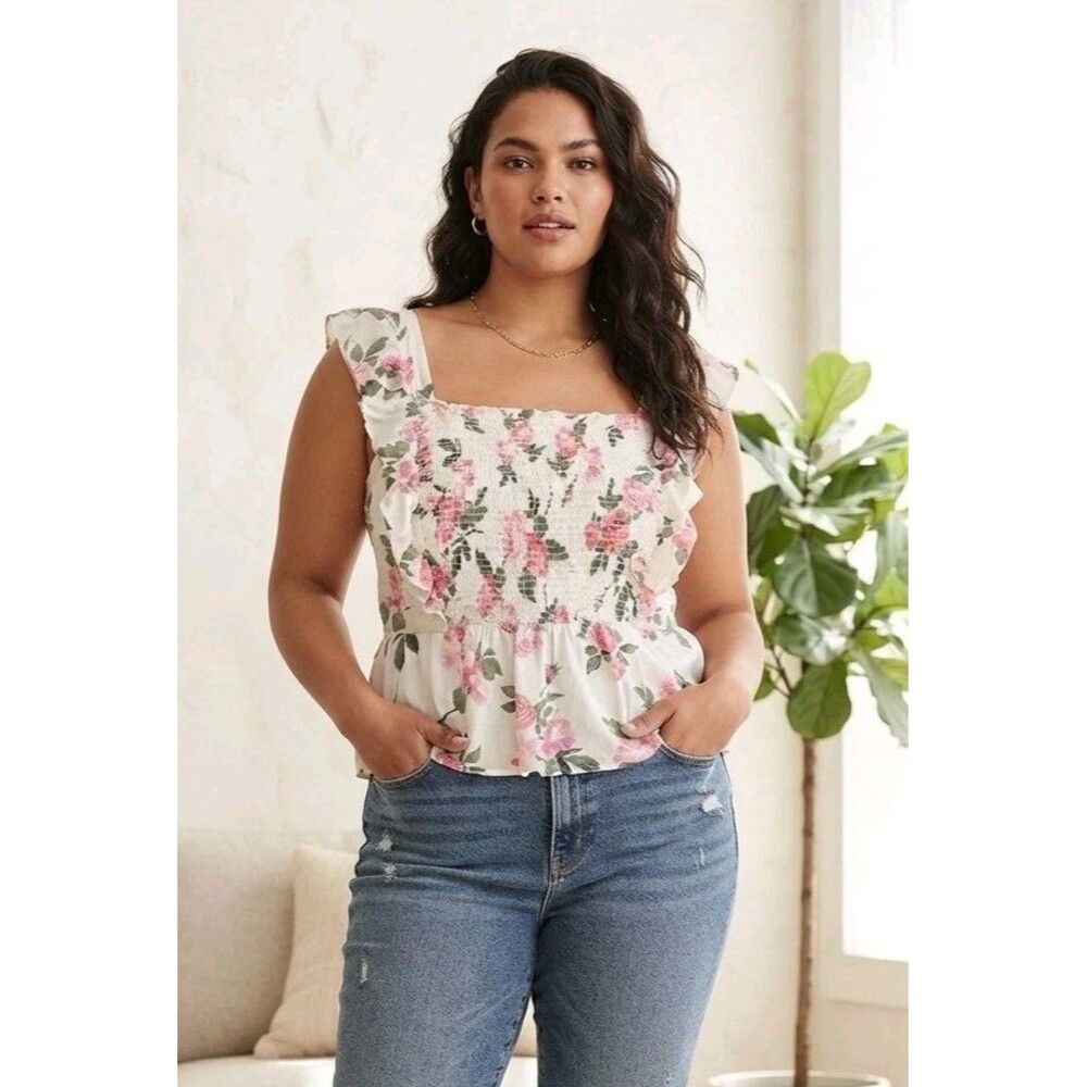 Old Navy Peplum Smocked Top Blouse Rose Floral Ruffle Cotton Size 3X